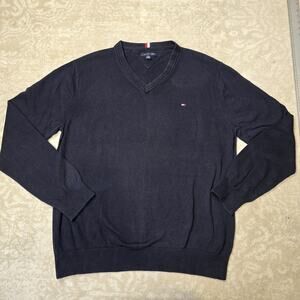 Tommy Hilfiger V Neck Sweater Mens XL Cotton Black Casual Adult Streetwear